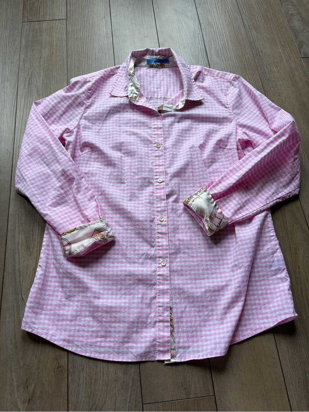 J. McLaughlin Pink Gingham Button-Down Shirt with Contrast Trim 100% Cotton